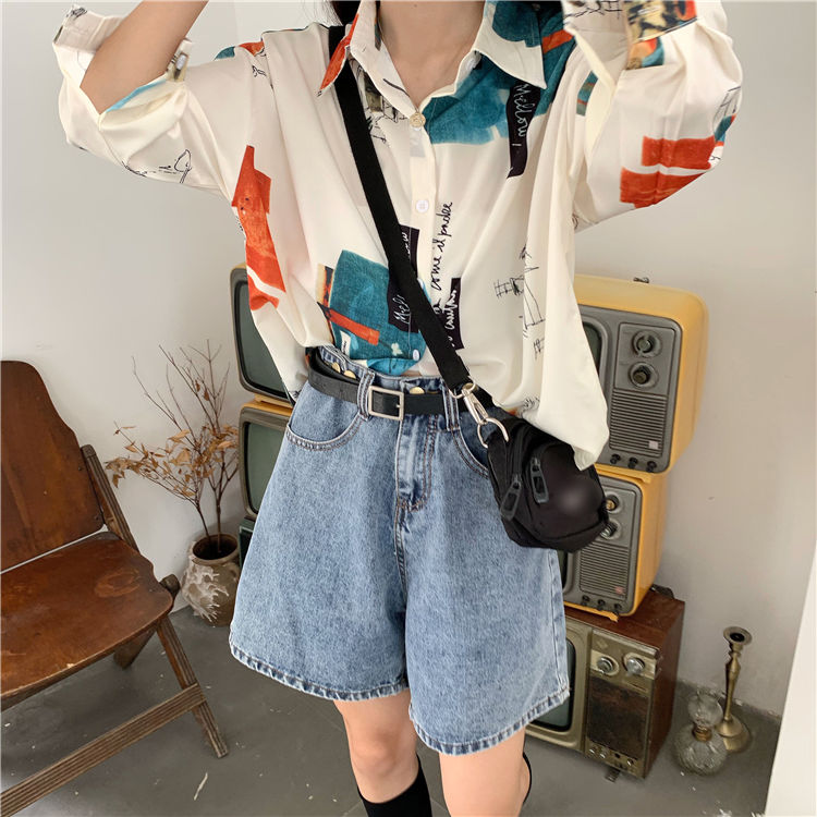 Áo Sơ Mi Tay Dài Form Rộng In Họa Tiết Phong Cách Retro Hàn Quốc