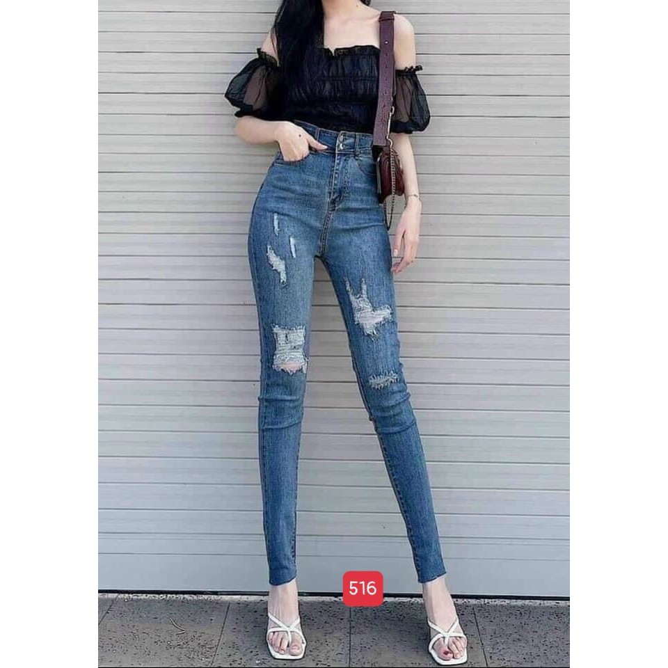 Quần jean nữ có độ co dãn 2 nút kiểu rách nhiều rách ô vuông gối