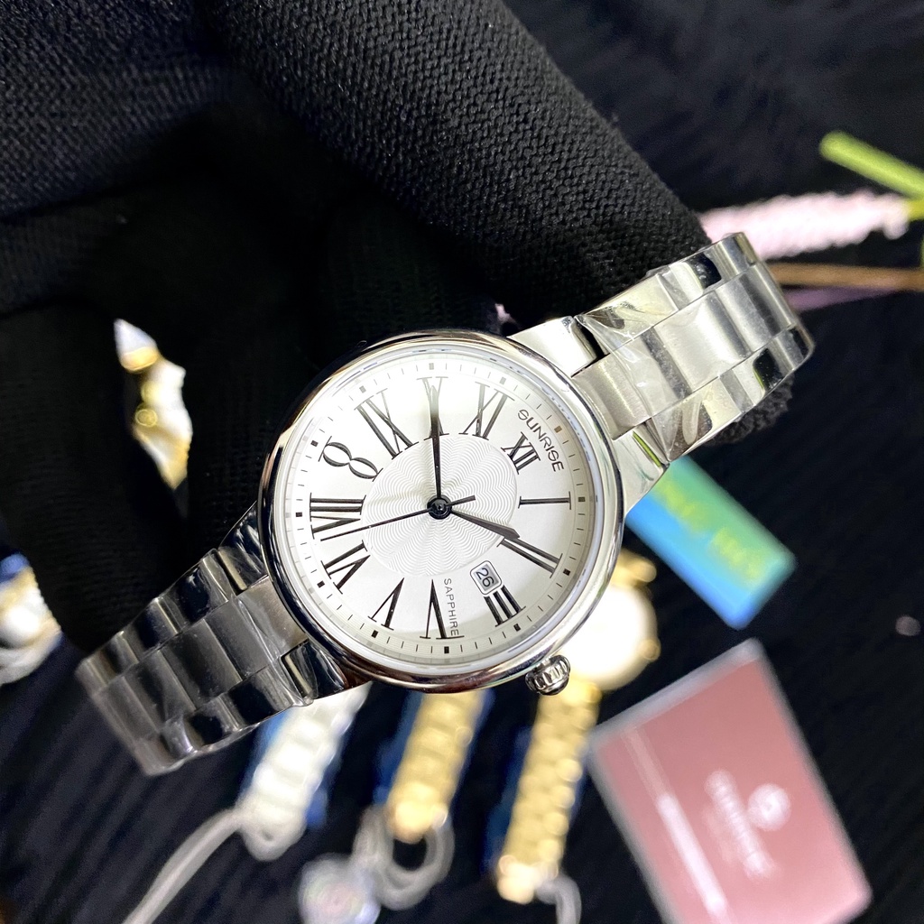 Đồng hồ nữ dây kim loại mặt kính chống xước sapphire Sunrise 2133 2133SA SL2133LS trắng