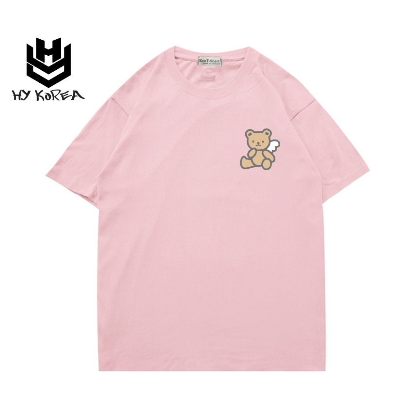Áo phông tay ngắn cute vải HY KOREA cotton 75 co dãn form rộng in hình Gấu có cánh ngồi 488