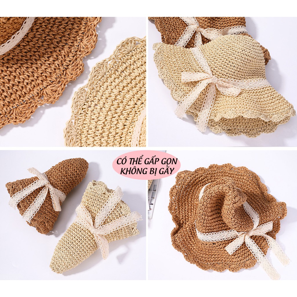 Nón Cói Đi Biển Đan Trơn Viền Hoa Dây Ren P1306