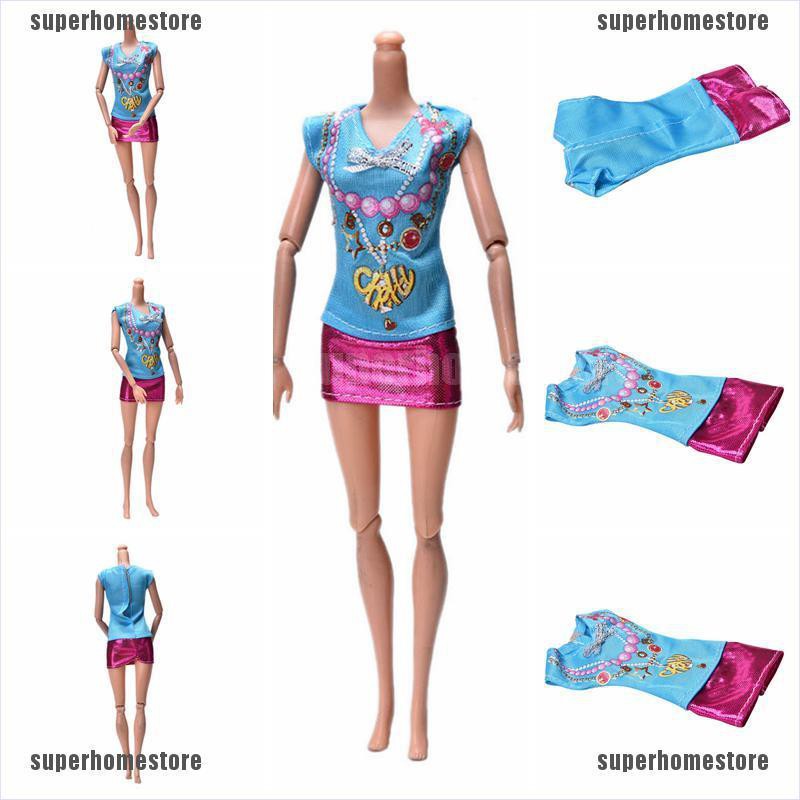 Printed Dress for Barbie Doll Blue & Rose Dress Fashion Doll Cloth Children Toy
