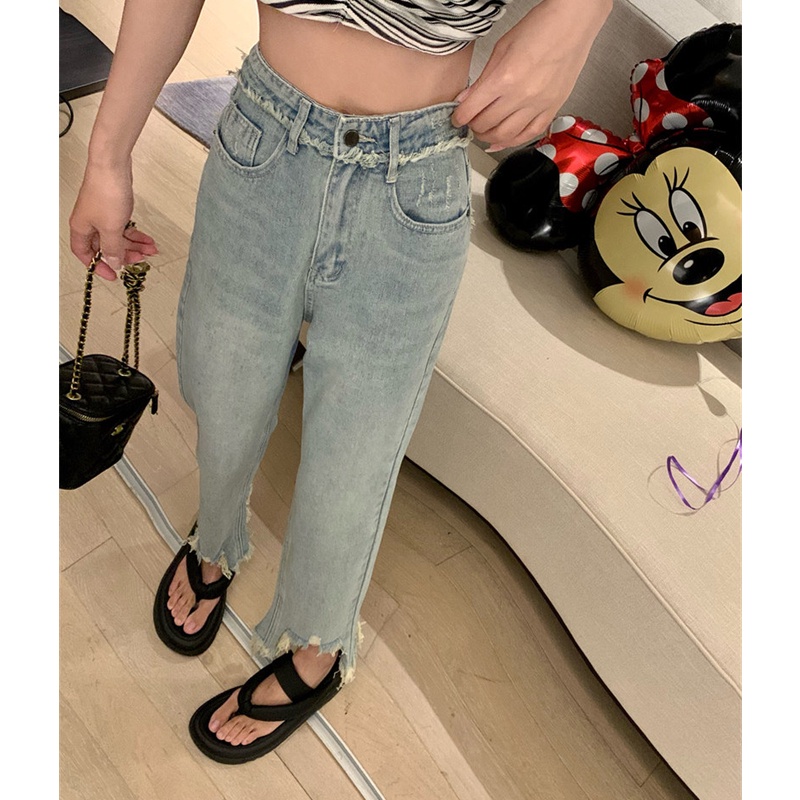 Quần Jean Rách Lưng Cao Ống Đứng Thời Trang Cho Nữ