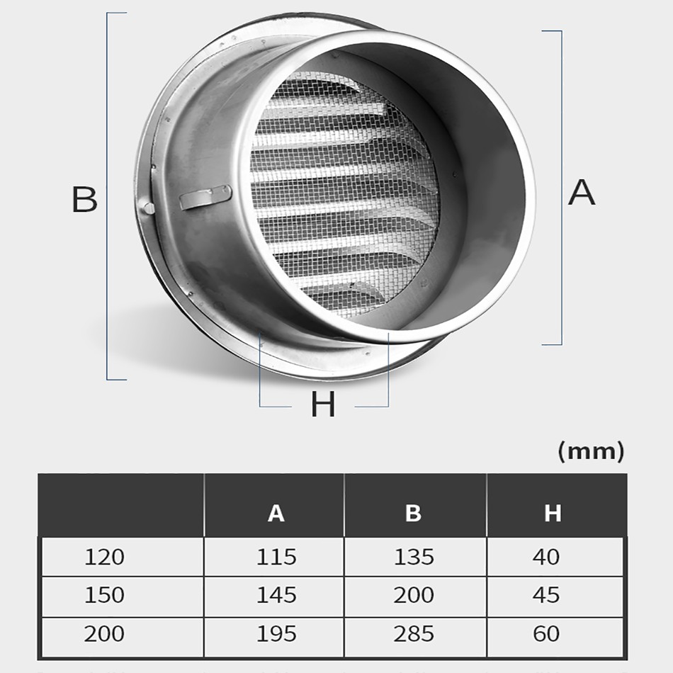 Cửa thoát khí chắn công trùng và mưa, Ventcap bằng inox 304 cao cấp 120-200 mm, nắp che đường ống thoát khí