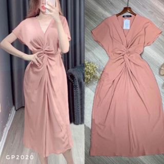 Đầm thun xoắn eo cổ V tay con siêu đẹp