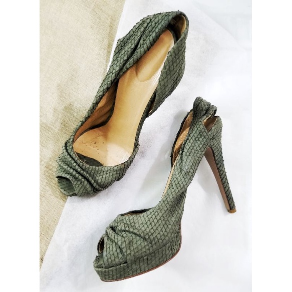 Giày sandal cao gót da lộn mềm màu rêu khoét eo đế đúp cao 12cm size 38-39 KEYTÉ VERO C