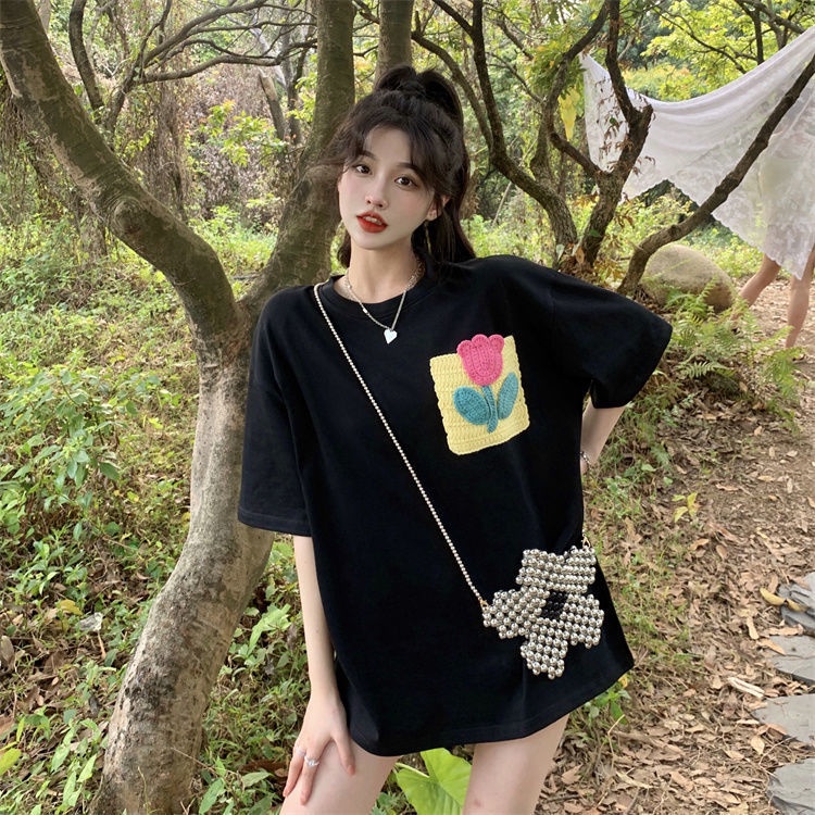 Áo Thun Nữ Ngắn Tay Có Túi In Hoa Mới