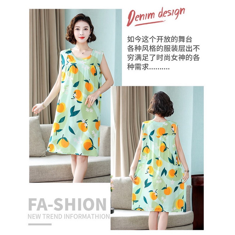 Đầm Ngủ Cotton Lụa Giả Sát Nách Thời Trang Mùa Hè Cho Phụ Nữ Trung Niên