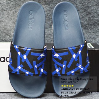 Dép Adidas Cloudfoam Plus Graphic màu xanh đen quai đen logo xanh trắng