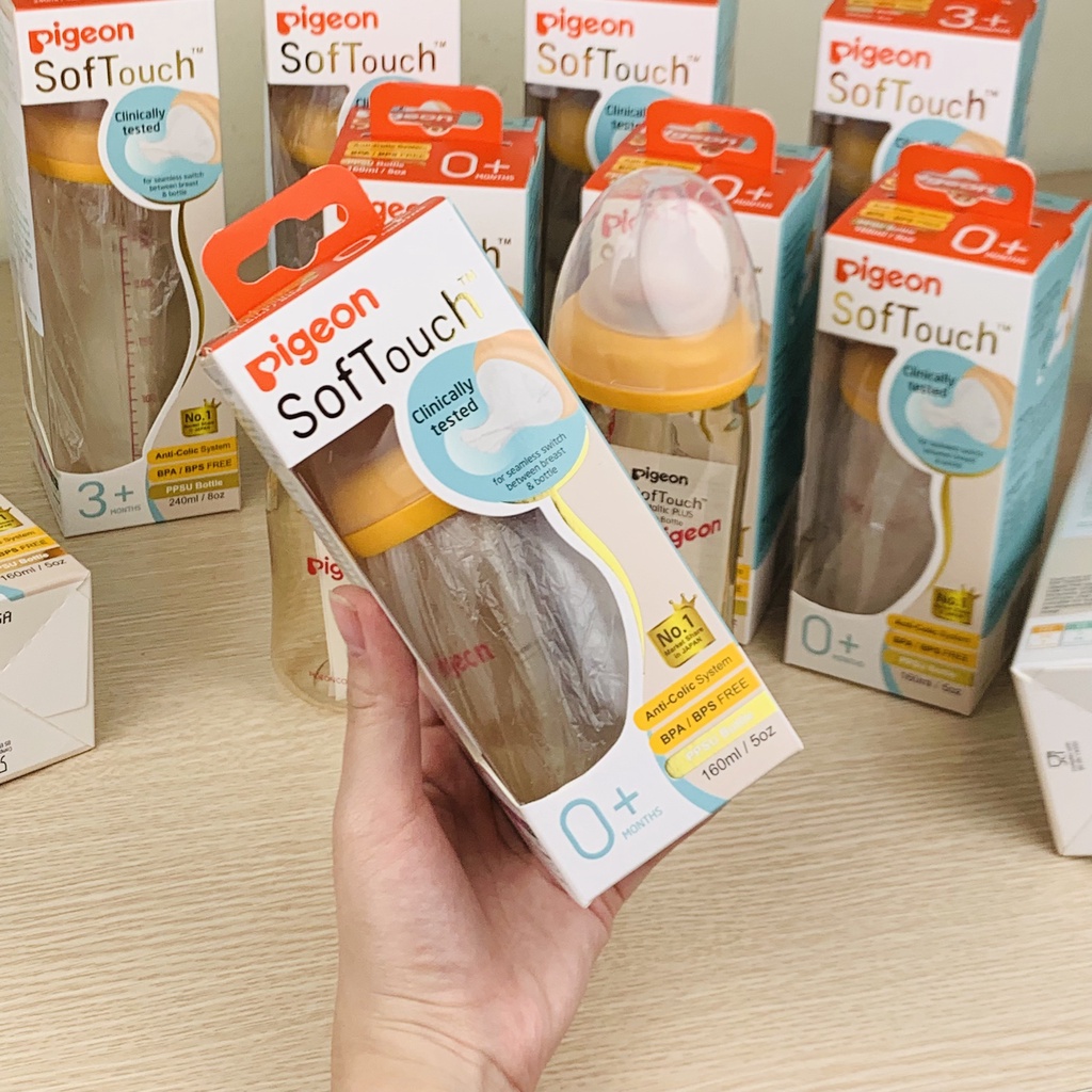 Bình sữa Pigeon Softouch 160ml / 240ml cổ rộng PPSU núm silicone siêu mềm
