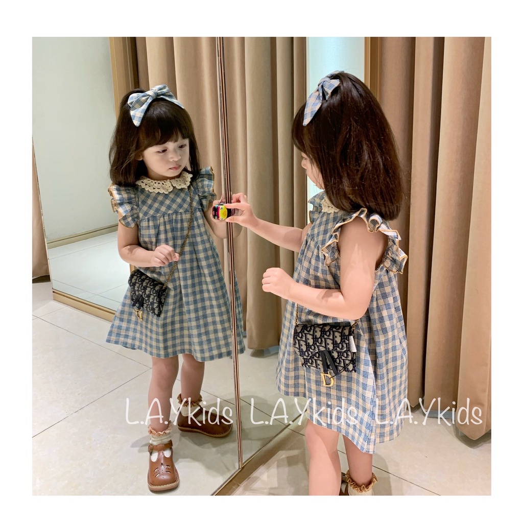 Váy Cánh Tiên Thô Mềm Sát Nách Tiểu Thư Điệu Đà Kẻ Caro Phối Cổ Ren L.A.Y kids