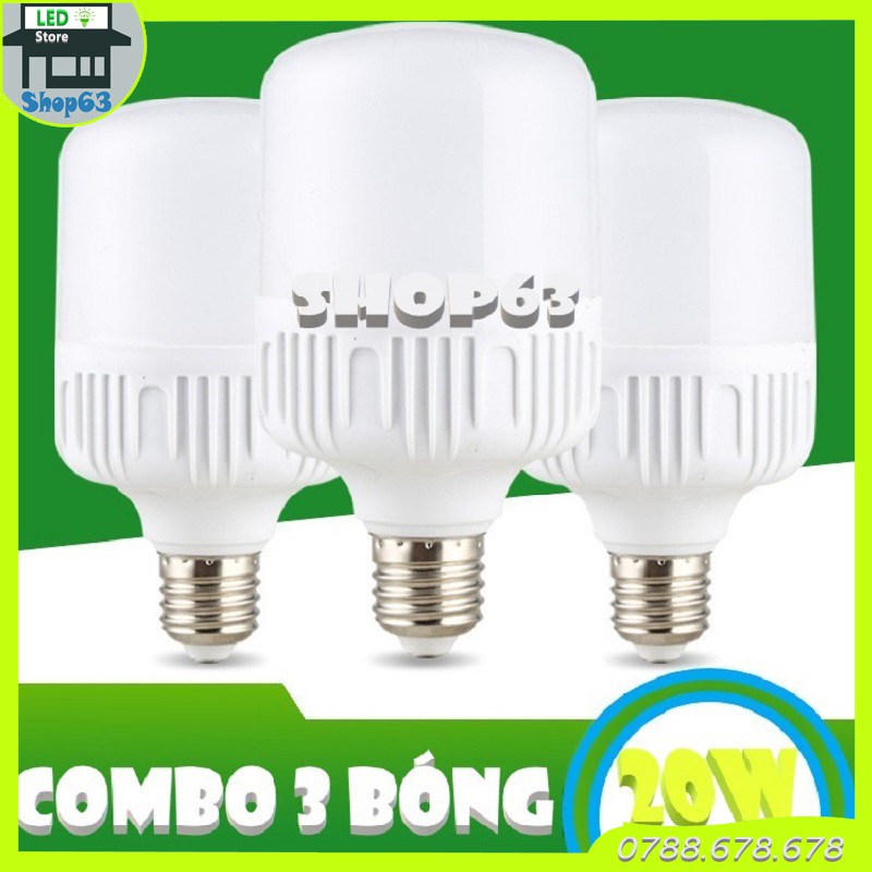 Combo 3 bóng LED trụ tròn 20W ánh sáng trắng (đường kính 8cm - bảo hành 12 tháng)