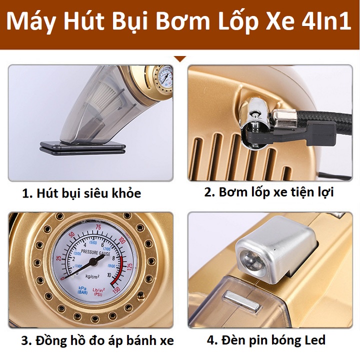 áy hút bụi kết hợp bơm lốp ô tô, máy hút bụi mini cao cấp - Máy hút bụi đa năng 4 in 1 dành cho tất cả các loại xe ô tô