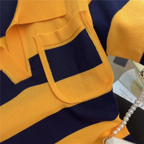Đầm polo Dệt Kim Tay Ngắn Họa Tiết Kẻ Sọc Màu Sắc Tương Phản Thời Trang Mùa Hè Cho Nữ