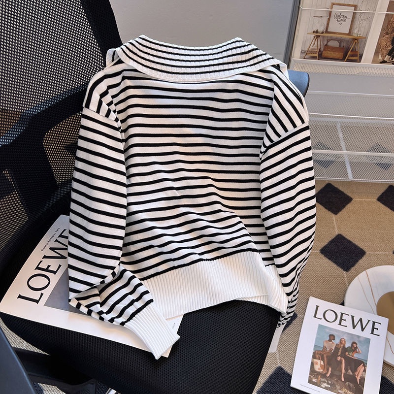 Áo sweater Dệt Kim Cổ Polo Tay Dài Kẻ Sọc Thiết Kế Mới Mùa Thu Dễ Phối Đồ Cho Nữ