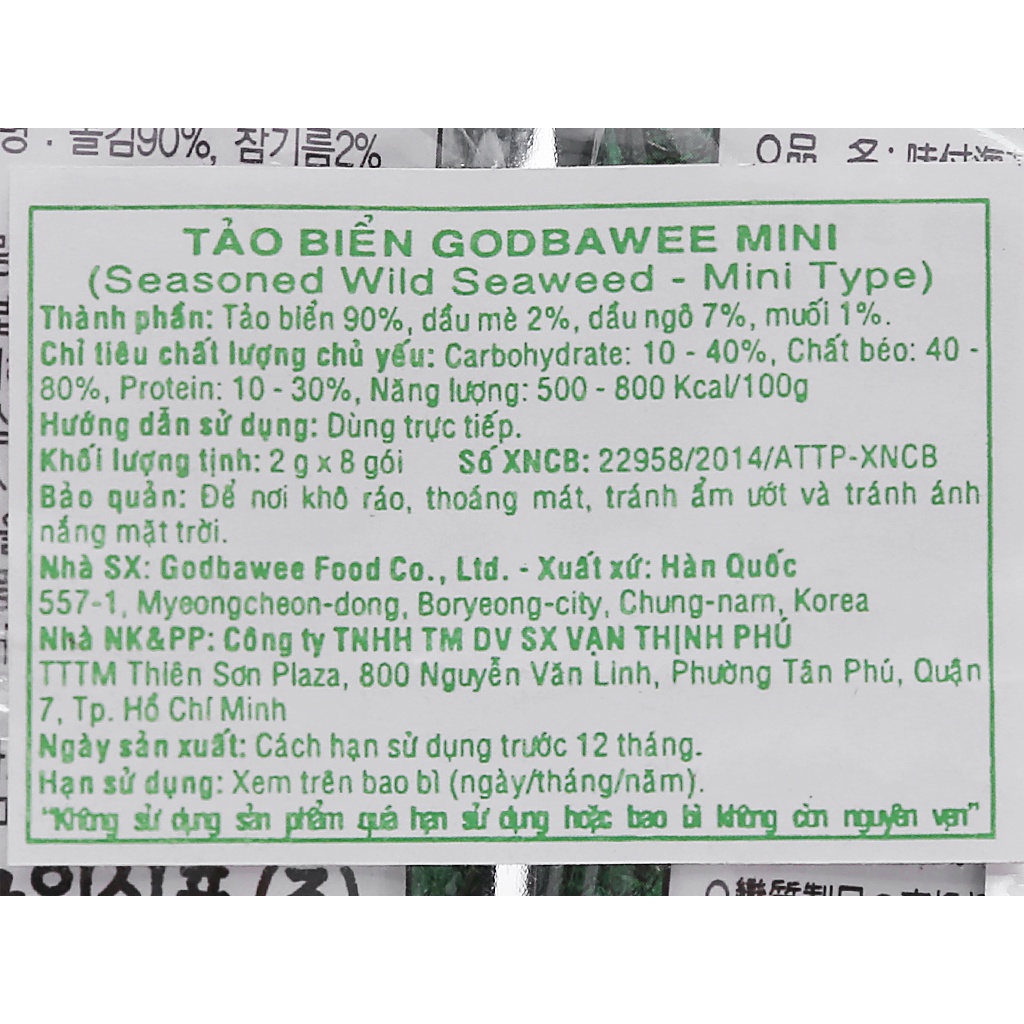Tảo biển Mini Type Godbawee lốc 8 gói x 2g