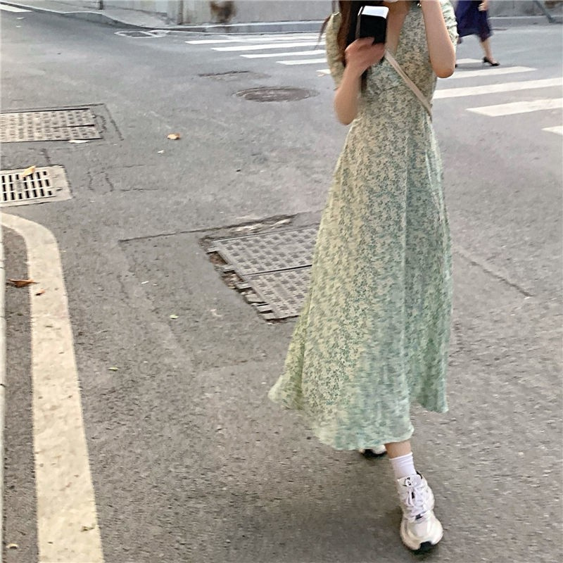 Đầm chiết eo in hoa thời trang mùa hè Pháp dành cho nữ