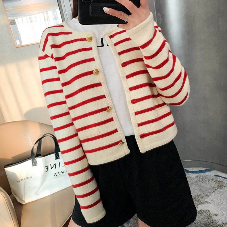 Đen Áo Khoác cardigan Dệt Kim Dáng Ngắn Cổ Tròn Kẻ Sọc Thời Trang Mùa Thu 2023