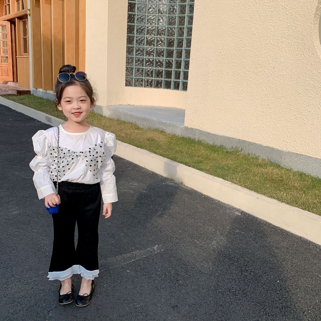 Bộ Áo Tay Phồng Dài Cổ Tròn Thắt Nơ Phối Quần Dài Ống Loe Thời Trang Xuân Thu Cho Bé Gái