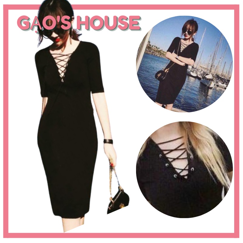 ĐẦM THUN BODY CỔ V ĐAN LƯỚI SANG CHẢNH, GẠO'SHOUSE - DV0037