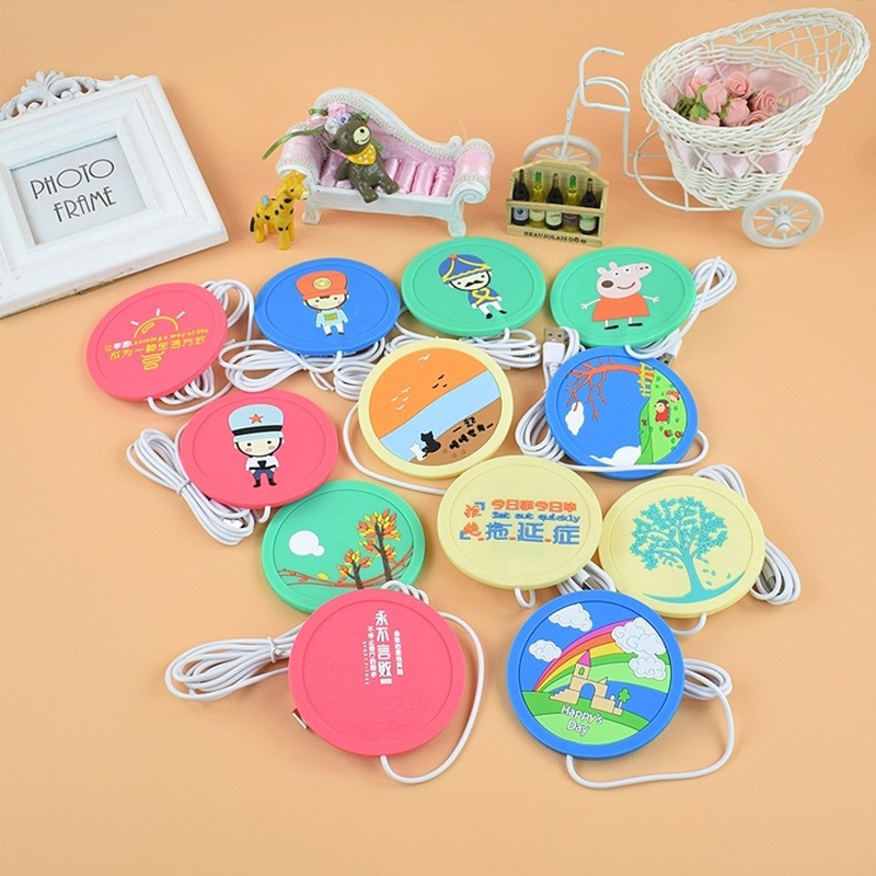 Đế lót ly cốc giữ nhiệt hâm nóng đồ uống kết hợp họa tiết hoạt hình, sạc bằng cổng USB