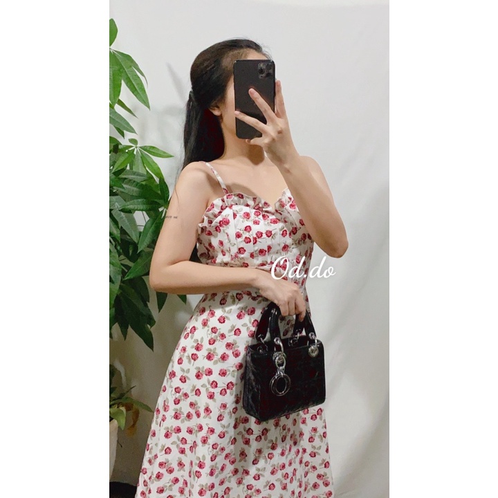 Sét váy hoa nhí nữ 2 dây phối khoác ngoài cardigan Váy maxi hai dây đỏ hoa kiểu tiểu thư Phong cách hàn quốc