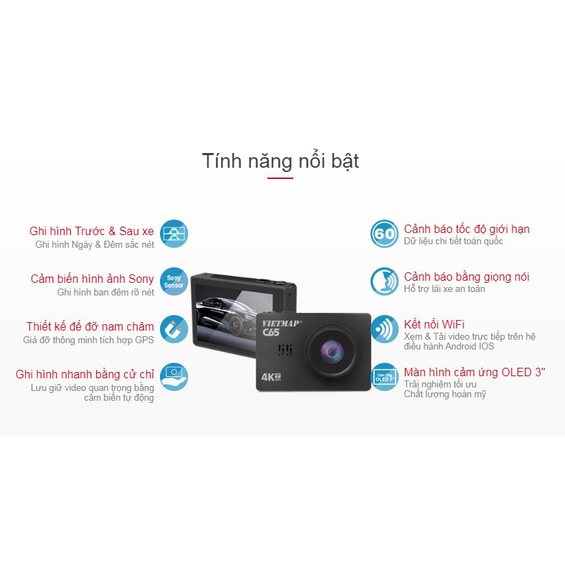 (BH điện tử 12 tháng) Camera hành trình Vietmap C65 ghi hình trước-sau siêu nét 4K, thẻ nhớ 64Gb