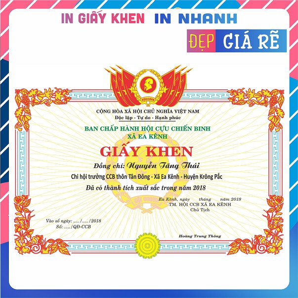 In giấy khen, bằng khen, giấy chứng nhận khổ A4, B4