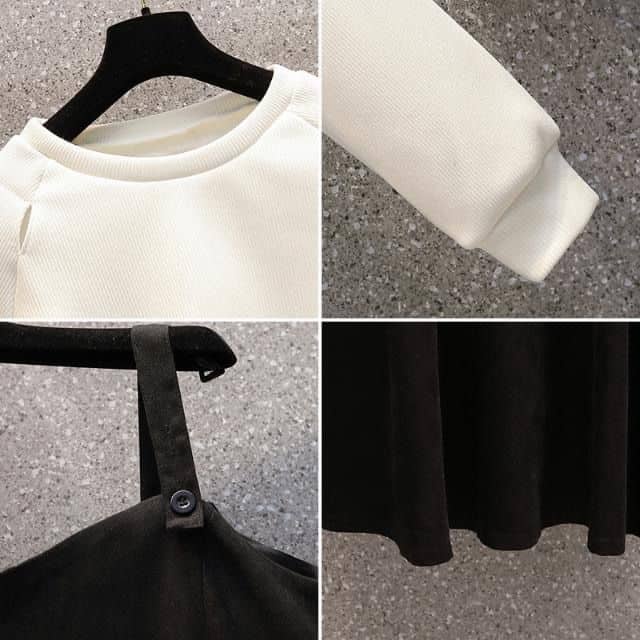 Set nữ áo thun mỏng trắng be mini croptop vạt chéo dài tay + váy hai dây đen dài form chữ A có size