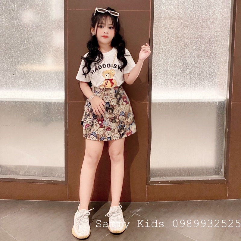 Set áo Phông Quần váy Gấm kèm Túi Gấu trang trí cho bé gái size đại 16-40kg xinh xắn