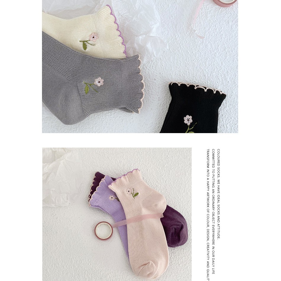 Tất cổ cao nữ Vớ nữ dài cao cổ cotton dễ thương thêu hình hoa Hàn Quốc