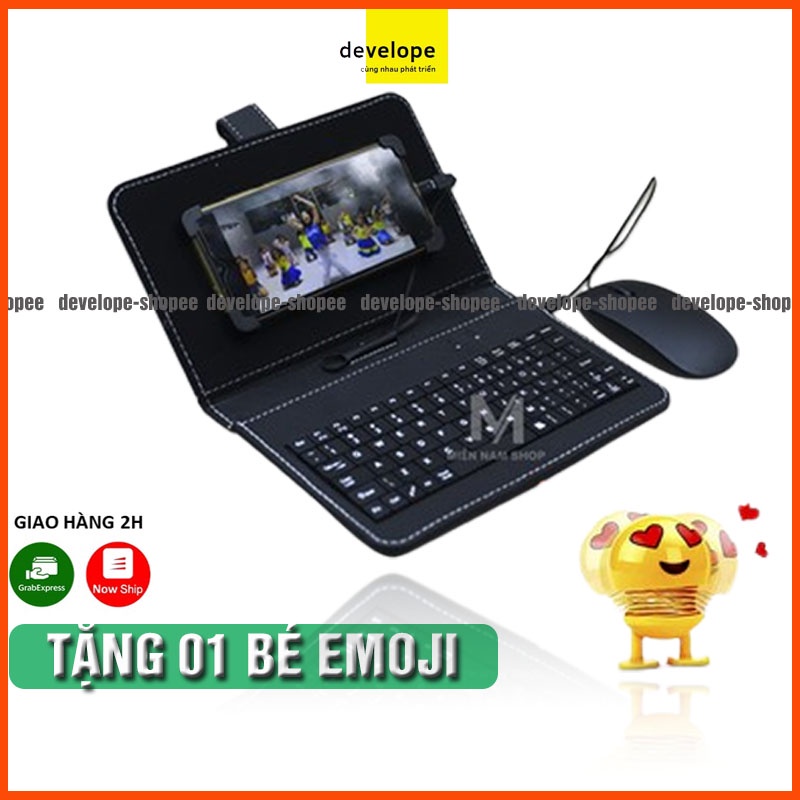 Bộ Combo bao da bàn phím kèm chuột + lót chuột cho điện thoại, máy tính bảng từ 4.5-7 inch + EMOJI giải trí