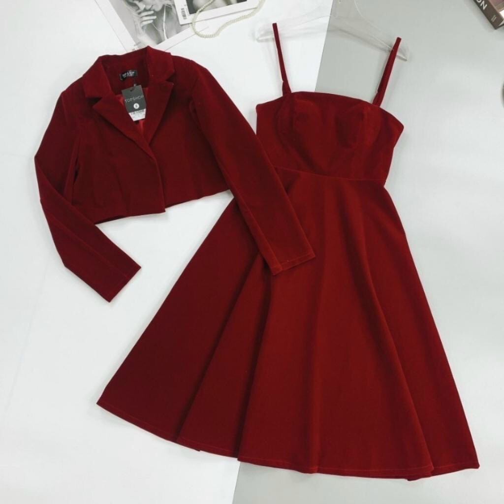 Sét áo khoác vest kèm váy xòe 2 dây điệu đà sang chảnh
