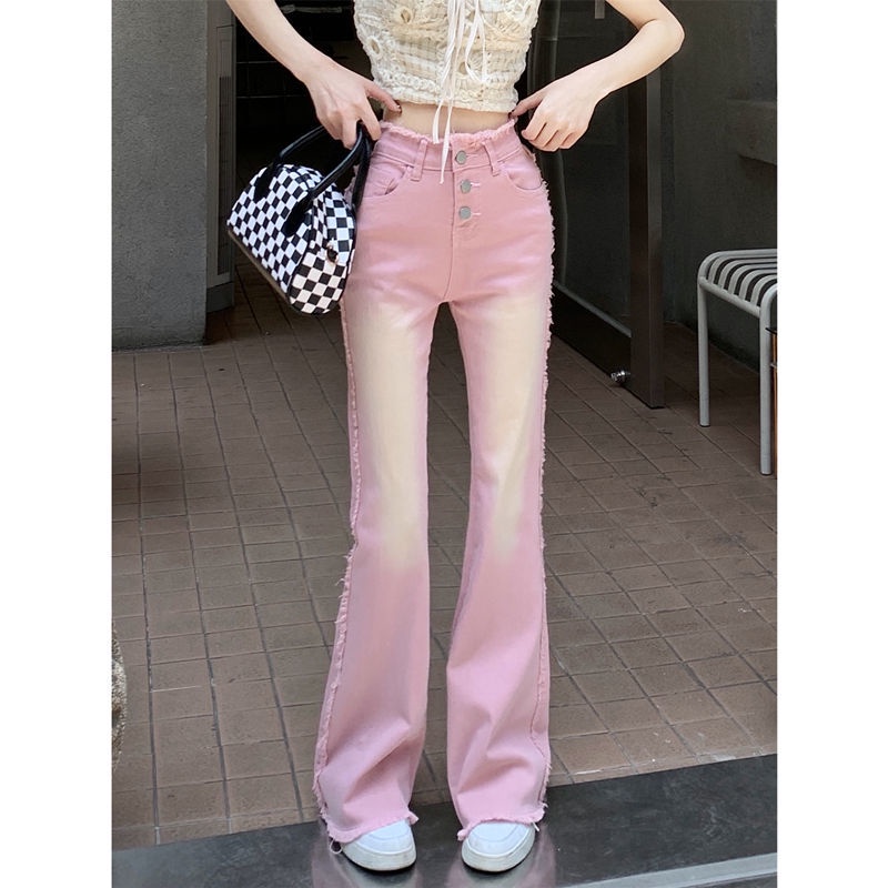 Jiashucheng Quần Jean Lưng Cao Dáng Ôm Màu Hồng Sờn Dễ Phối Đồ Thời Trang Mùa Hè Cho Nữ