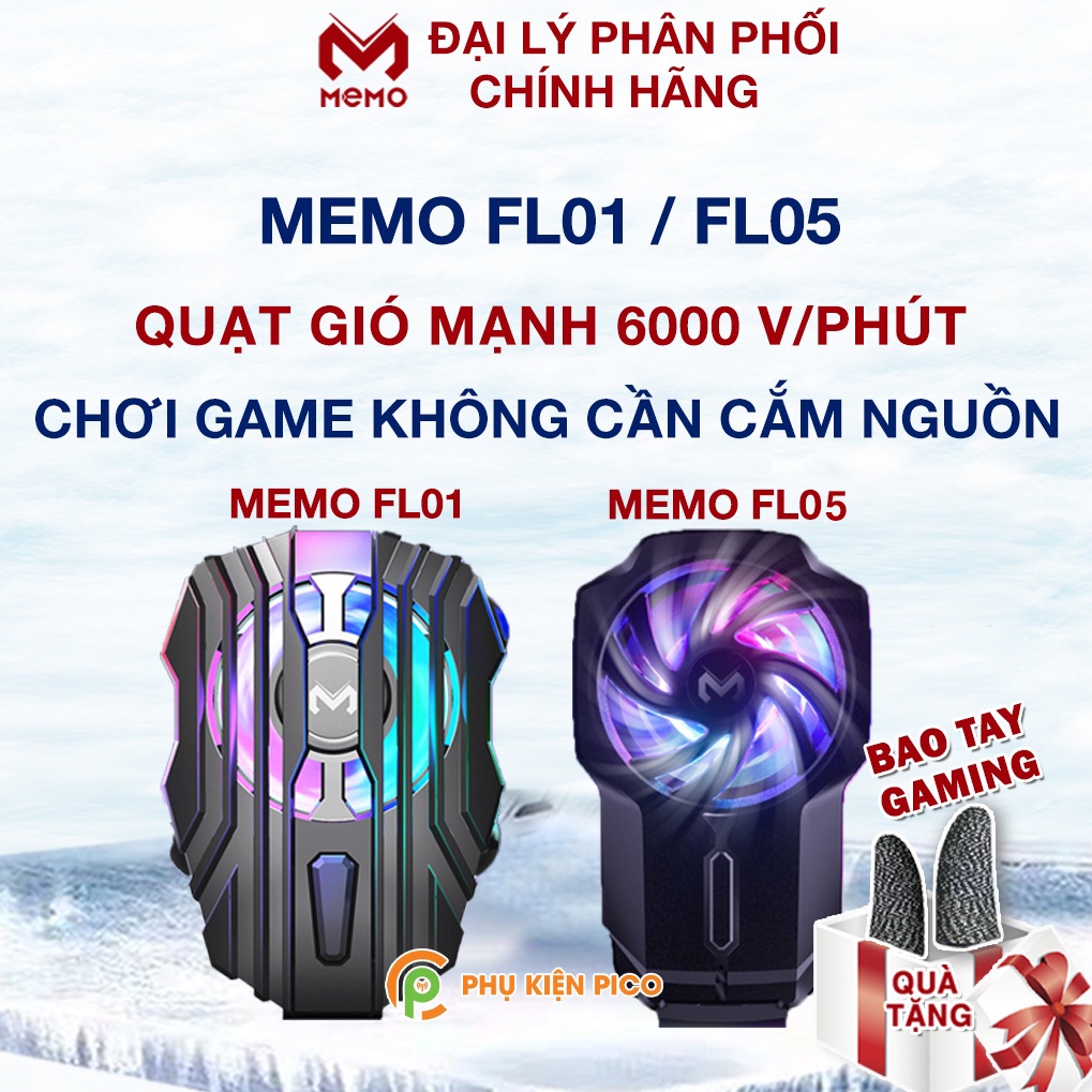 Quạt tản nhiệt điện thoại Memo FL01 / FL05 / FL06 / FL07 sức gió mạnh 6000V/phút có Pin sạc Led RGB