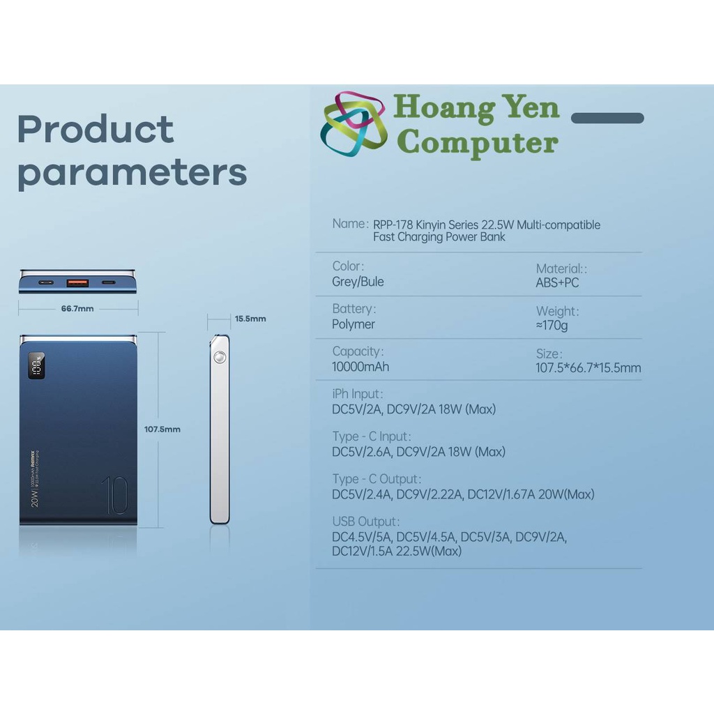 Sạc Dự Phòng Mini Remax RPP-178 10000Mah (Sạc Nhanh QC3.0 18W, 22.5W, PD20W, VOOC 2.0) - BH 1 Năm - Hoàng Yến Computer