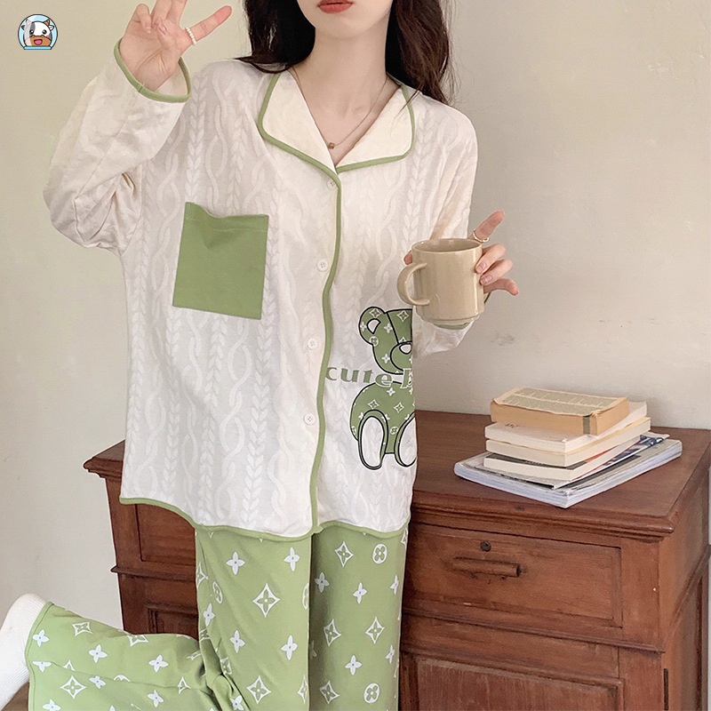 Bộ Đồ Ngủ Tay Dài Chất Liệu Cotton In Họa Tiết Màu Xanh Lá Thời Trang Mùa Thu Xinh Xắn Cho Nữ