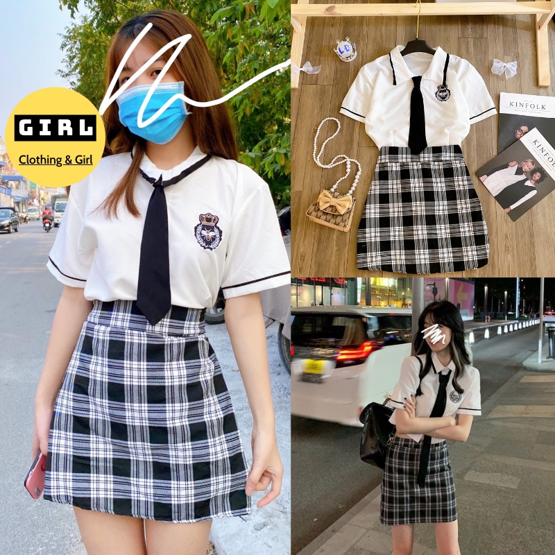 Bộ Áo Sơ Mi Kèm Carvat Mix Chân Váy Kẻ Sọc Caro Thời Trang Mùa Hè Cho Nữ 280