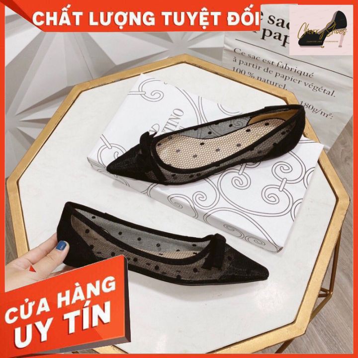 Giày Búp Bê Mũi Nhọn Lưới Ren Nơ Nhí Vanlen Full Tag Bill Túi Siêu Hót