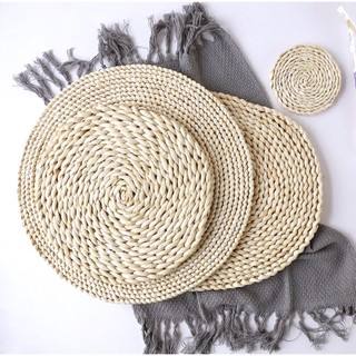 Lót ly trang trí chụp ảnh dáng tròn đan bằng sợi lục bình,vải ren