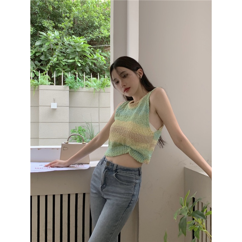 Áo Tank Top Dệt Kim Sát Nách Kẻ Sọc Cầu Vồng Tương Phản Cá Tính