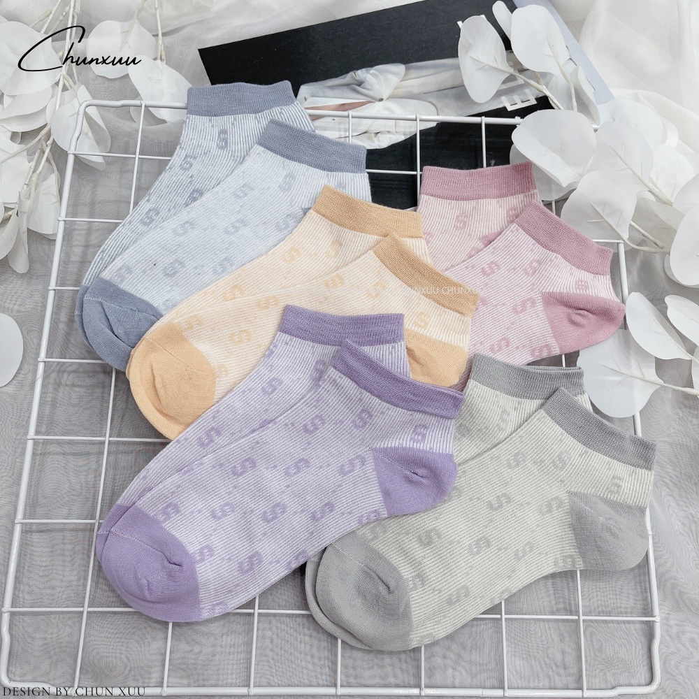 Tất nữ cổ ngắn vải cotton co dãn chống trơn họa tiết chữ S nhiều màu - T11