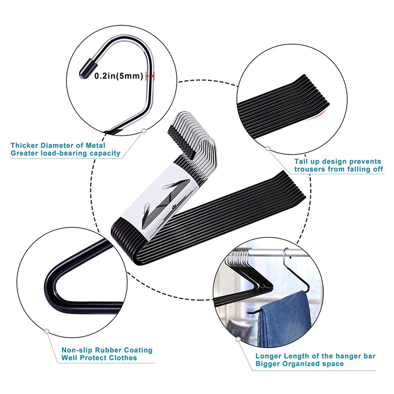 Set 10 móc treo quần dài bằng kim loại màu đen chống trượt tiện lợi cho gia đình
