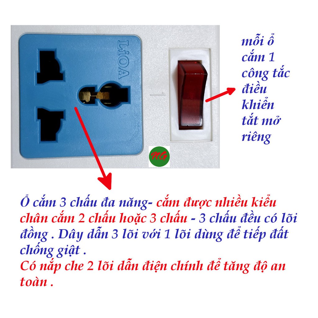 Ổ cắm điện 3 chấu có dây tiếp đất LIOA 6DOF33 - 6 ổ cắm 6 công tắc dây dài 3 mét phích cắm 3 chấu