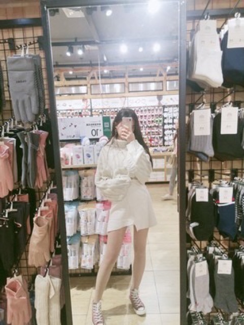 Sét áo len croptop + chân váy vạt lệch