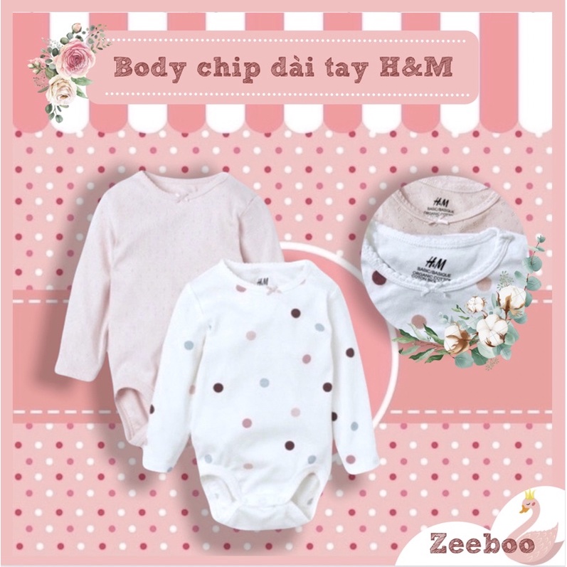 Áo body chip dài tay H&amp;M [ chính hãng ] cho bé gái, chất liệu 100 cotton organic, mềm mại an toàn cho da bé