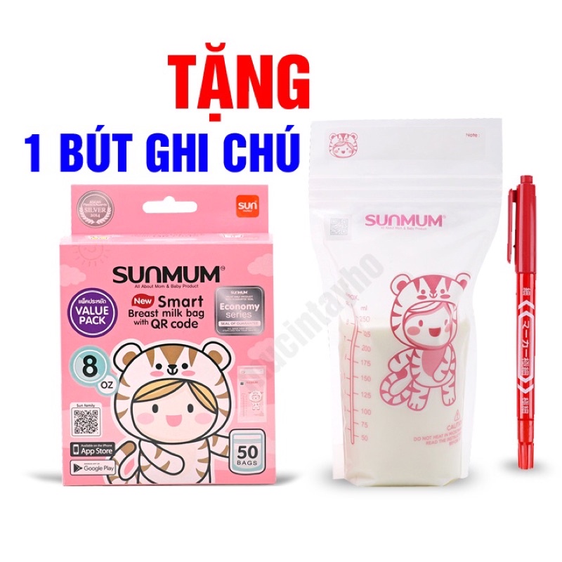50 Túi Trữ Sữa Sunmum Thái Lan Mẫu Mới Dung Tích 250ml, 3 Khoá Zip Chống Tràn Sữa, Túi Mềm Dai Không Rách( Tặng Kèm Bút)