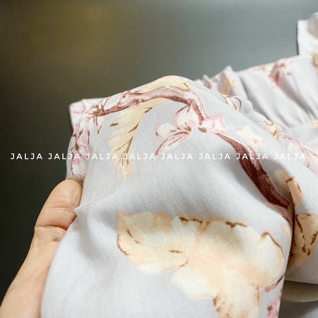 Váy mặc nhà nữ tiểu thư cộc tay cổ bèo dễ thương, váy ngủ đuôi cá họa tiết hoa lá mùa xuân hè chất lụa tici JALJA Vay02