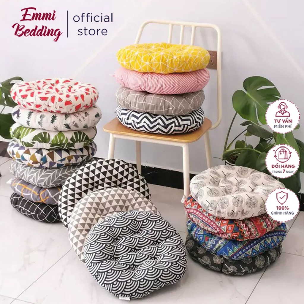 Đệm Ngồi Bệt EmmiBedding Size Lớn Thêu Vi Tính, đệm lót ghế Vuông, tròn (Bông Trắng Cực Êm) cute