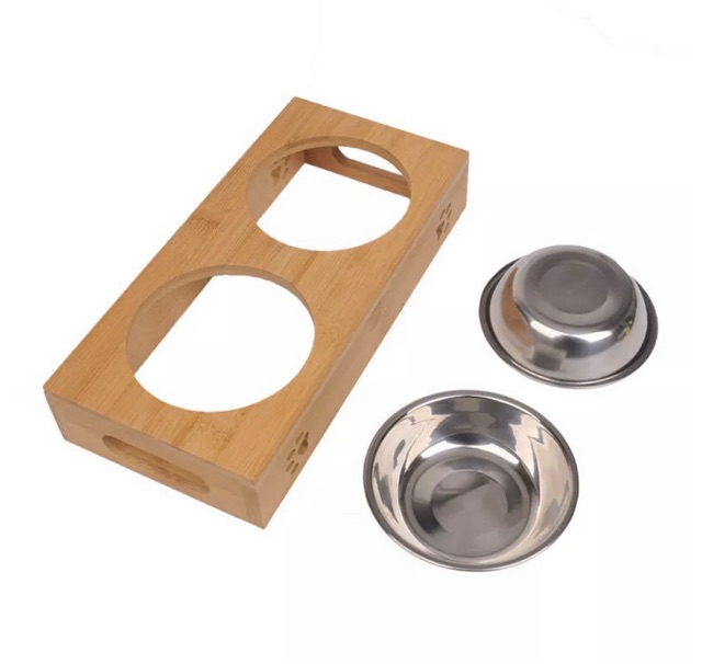Khay Ăn Gỗ Cao Cấp Cho Chó Mèo 2 Chén Rời Inox